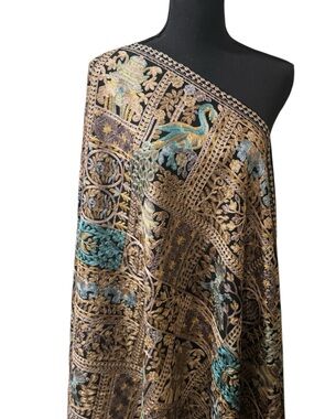 Embroidered Black Shawl with Gold & Teal Floral Motif